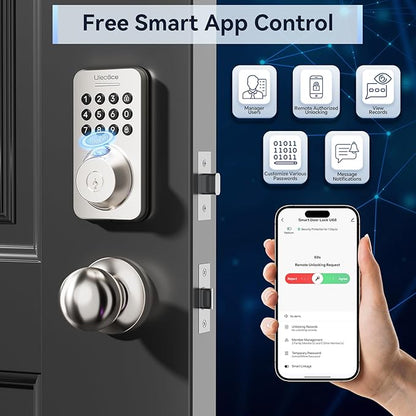 Keyless Entry Door Lock with Handle Set - Built-in WiFi, App Control & Doorbell, Electronic Keypad Deadbolt with One-Time Code, Auto-Locking, Easy to Install, Satin Nickel