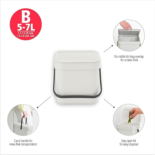 Brabantia Sort & Go Kitchen Countertop Food Scraps Compost Bin | XS / 1.6 Gal / 6L | Jade Green | Removable Stay-Open Lid, Carry Handle, Easy-Clean Recycling Box | Wall-Mounting Bracket Included