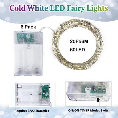 6 Pack Fairy Lights Battery Operated with Timer, Each 20FT 60LED Christmas String Lights Outdoor Indoor, Cuttable Battery Twinkle Light for Bedroom Home Wedding DIY Christmas Decorations (Cool White)