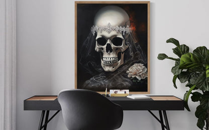 Skull Bride Poster Art Print, Halloween Scary Vintage Wall Art Academia Spooky Painting Decoration for Horror Prints, Gothic Posters Bedroom Decor 89 (Skull Bride, 11 x 14 inches, Wood Frame)