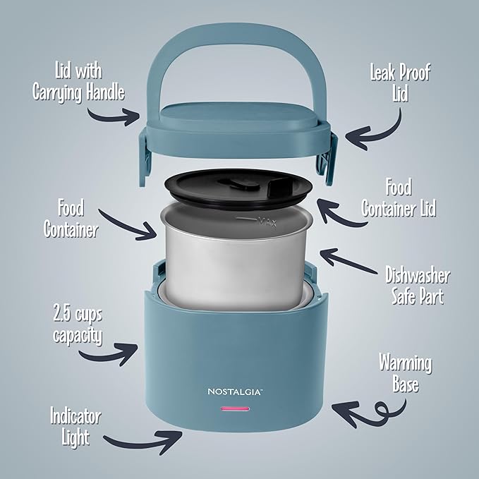 Nostalgia Portable Heated Lunch Box – 2.5-Cup Stainless Steel Food Warmer – Detachable Cord, Leak-Proof Lid, Carry Handle – Portable for Work & Travel – Ocean Blue