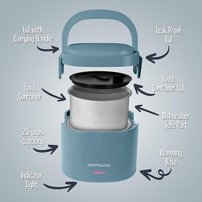 Nostalgia Portable Heated Lunch Box – 2.5-Cup Stainless Steel Food Warmer – Detachable Cord, Leak-Proof Lid, Carry Handle – Portable for Work & Travel – Ocean Blue