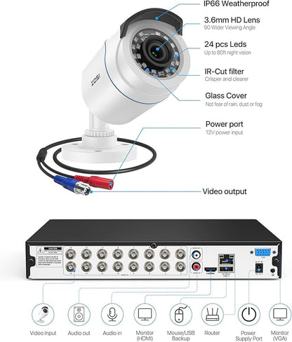 ZOSI H.265+ 16CH Security Camera System with AI Human Vehicle Detection, 16CH DVR with 4TB HDD for 7/24 Record, 16 x 1080p CCTV Camera Outdoor Indoor with 80ft Night Vision, 90°Wide Angle