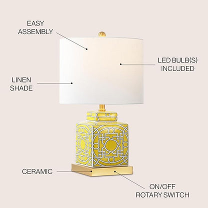 JONATHAN Y 22" Yellow/White Modern Ceramic Ginger Jar Table Lamp for Nightstand, Square Lattice Transitional Chinoiserie Lamp for Living Room, White Linen Shade, LED Bulb (JYL3044C)