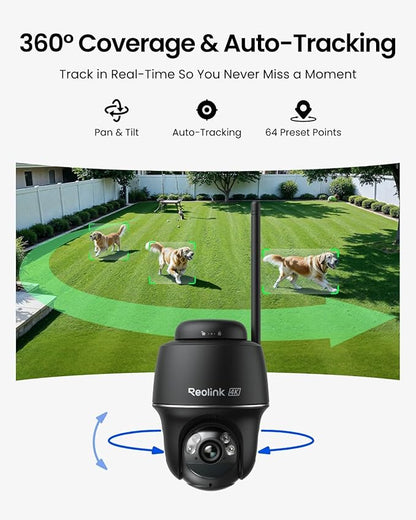 REOLINK 4K Solar Security Cameras Wireless Outdoor, 360° Pan Tilt, 8MP Color Night Vision, 2.4/5 GHz Wi-Fi 6, No Monthly Fee, Home Hub Compatible, Argus PT 4K+ 3W Solar Panel (Black)
