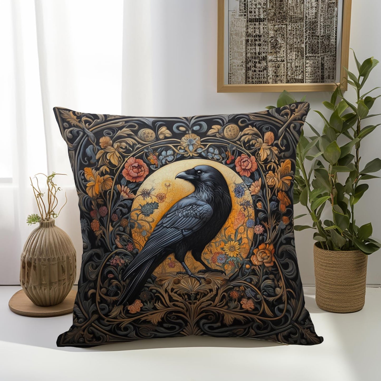 William Morris Abstract Vintage Floral Velvet Black Crow Design Throw Pillow Covers Home Decor, Retro Art Deco Pillowcase Cushion Cover for Bed Sofa Living Room, Square 18x18inch (Black-Crow)