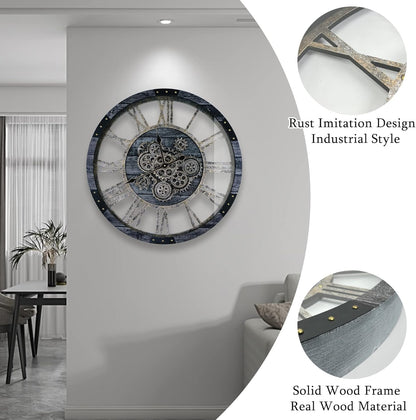 24 Inch Industrial Steampunk Wall Clock, Oversized Solid Wood Frame, Battery Operated, Large Wall Clock with Real Rotating Gears, Gray