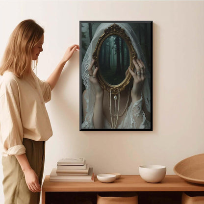Mirror face covering dark art poster print melancholy gothic painting vintage feminine print victorian style decoration antique art16x24in Metal blackFramed