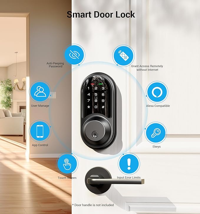 Veise RZ06 Smart Lock for Front Door with App Control, Keyless Entry, Electronic Digital Deadbolt with Touchscreen Keypad Set, Smart Deadbolt, Auto Lock, Easy Installation, Matte Black