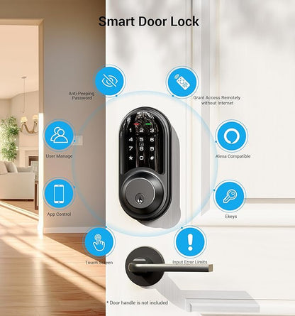 Veise RZ06 Smart Lock for Front Door with App Control, Keyless Entry, Electronic Digital Deadbolt with Touchscreen Keypad Set, Smart Deadbolt, Auto Lock, Easy Installation, Matte Black