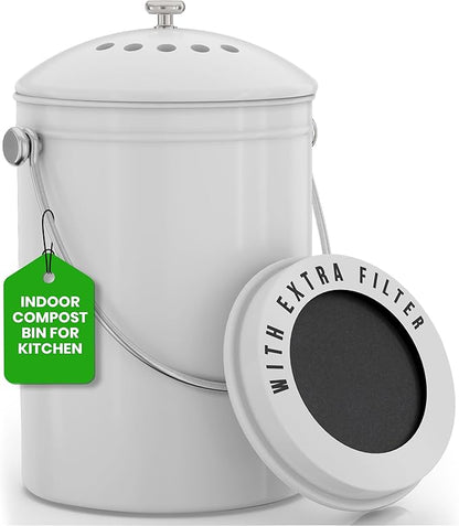 Utopia Kitchen Compost Bin for Kitchen Countertop, 1.3 Gallon Compost Bucket for Kitchen with Lid, Includes 1 Spare Charcoal Filter (White)