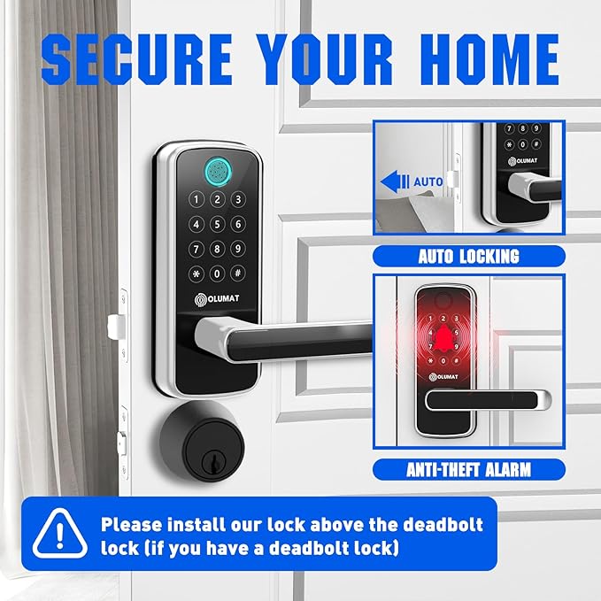 Smart Lock with Handle: Wi-Fi Keyless Entry Door Lock - Smart Locks for Front Door - Biometric Fingerprint Door Lock - Smart Door Lock with Keypad - Garage Door with App Control - Auto Lock