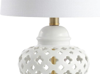 JONATHAN Y 20.5" White Pierced Ginger Jar Ceramic LED Table Lamp, Modern Glam Quatrefoil Fretwork for Living Room Bedroom, White Linen Shade, LED Bulb Included JYL6210A