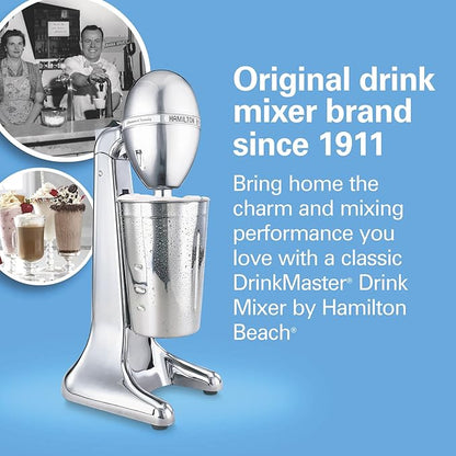 Hamilton Beach DrinkMaster Electric Drink Mixer, Retro Milkshake Maker & Milk Frother, 2 Speeds, Extra-Large 28 oz. Stainless Steel Cup, Classic Chrome