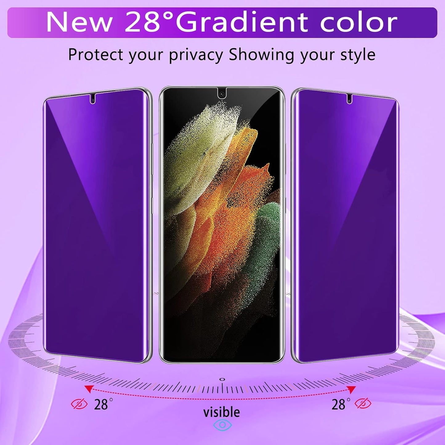 [2+2 Pack] Lesakit Anti-Blue Light Privacy Screen Protector for Samsung Galaxy S21 Ultra 6.8 inch with 2 Pack Camera Lens Protector, [Support Fingerprint ID] Anti Spy TPU Flexible Screen Protector- Purple