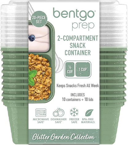 Bentgo Prep - 2-Compartment Snack Containers with Lids - Reusable, Microwaveable, Durable, PFAS & BPA-Free, Freezer, & Dishwasher-Safe Meal Prep Food Storage - 10 Trays & 10 Lids (Basil Glitter)