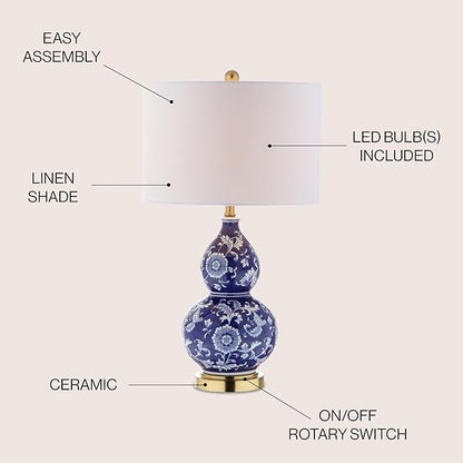 JONATHAN Y 27" Blue/White Ceramic Chinoiserie Table Lamp, Traditional Floral Double Gourd Vase Lamp with White Linen Drum Shade, Brass Gold Base, LED Bulb Included JYL3003A
