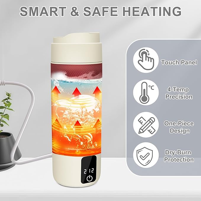 Portable Electric Kettle, 450ML Mini Hot Water Boiler Heater, Travel Kettle with 4 Temperature Settings, 304 Stainless Steel Portable Bottle Warmer with Auto Shut-Off & Boil-Dry Protection