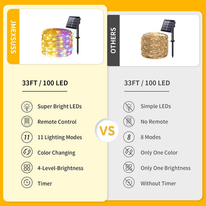 JMEXSUSS 2 Pack Solar Christmas Lights Outdoor Waterproof, 100 LED 33ft Warm White and Multicolor Color Changing Solar Fairy Lights, Copper Wire Solar String Lights for Outside Christmas Decorations