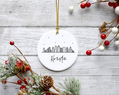 Andaz Press Round Ceramic Porcelain Christmas Tree Ornament Keepsake, Houston Black and White Stars City Skyline Graphic, 1-Pack, Birthday Gift Idea for Family, Coworker, Him, Her, Includes Gift Box