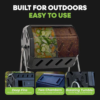 FCMP Outdoor IM4000 Dual Chamber Tumbling Composter Canadian-Made, 100% Recycled Resin - Outdoor Rotating Compost Tumbler Bin for Garden, Kitchen, and Yard Waste, Black (37 Gallon)