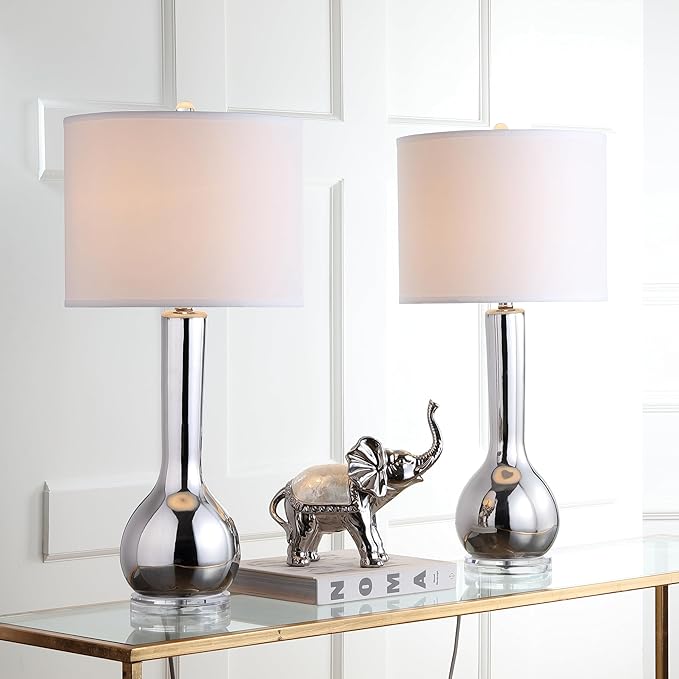 SAFAVIEH Lighting Collection Mae Long Neck Modern Contemporary Silver Ceramic 31-inch Bedroom Living Room Home Office Desk Nightstand Table Lamp Set of 2 (LED Bulbs Included)