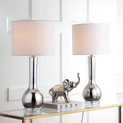 SAFAVIEH Lighting Collection Mae Long Neck Modern Contemporary Silver Ceramic 31-inch Bedroom Living Room Home Office Desk Nightstand Table Lamp Set of 2 (LED Bulbs Included)