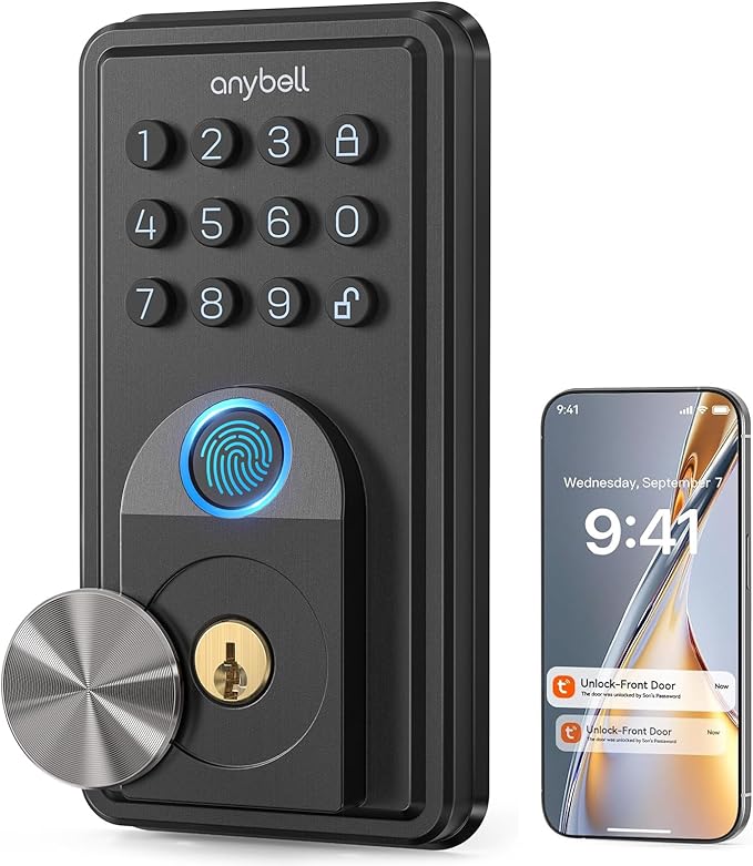 Smart Door Lock, ANYBELL Keyless Entry Door Lock Fingerprint with Keypad Smart Deadbolt for Home, Rental, Office and Hotel TUYA Remote Control, Black