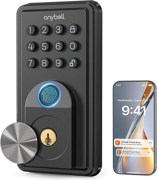 Smart Door Lock, ANYBELL Keyless Entry Door Lock Fingerprint with Keypad Smart Deadbolt for Home, Rental, Office and Hotel TUYA Remote Control, Black