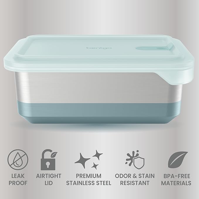 Bentgo MicroSteel Heat & Eat Container – Microwave-Safe, Leak-Proof & Airtight, Easy-to-Clean Lightweight Stainless Steel Reusable Food Storage with Silicone Lid (Family Size; 8.5-Cup Capacity; Aqua)