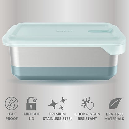 Bentgo MicroSteel Heat & Eat Container – Microwave-Safe, Leak-Proof & Airtight, Easy-to-Clean Lightweight Stainless Steel Reusable Food Storage with Silicone Lid (Family Size; 8.5-Cup Capacity; Aqua)