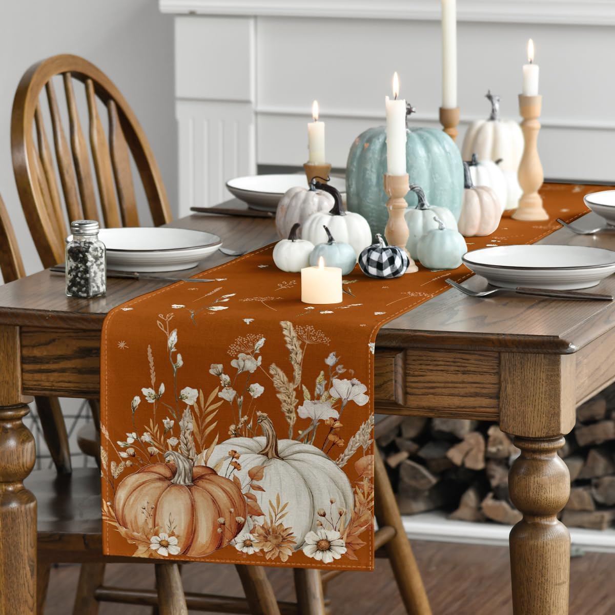 Artoid Mode Orange Pumpkins Leaves Flowers 210 GSM Fall Table Runner, Seasonal Autumn Kitchen Dining Table Decoration for Home Party Decor 13x108 Inch