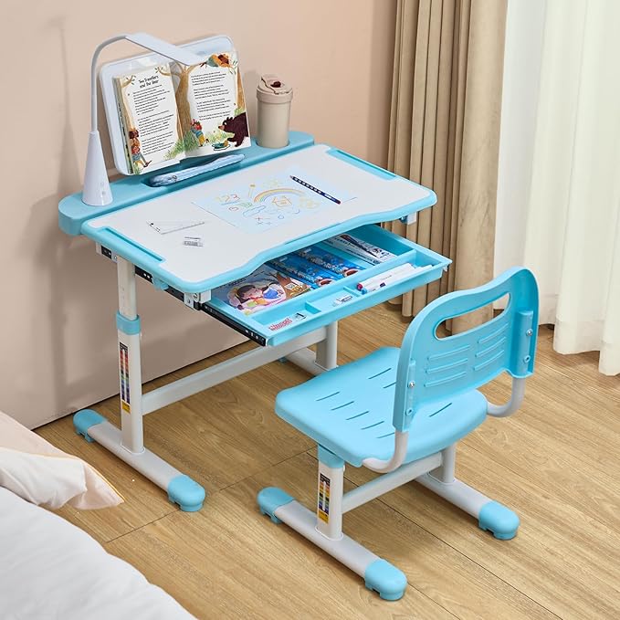 VEVOR Kids Study Chair and Desk Set, Study Desk and Chair for Kids with Table Lamp, Adjustable Height & 0-40 Tilted Desktop, Blue