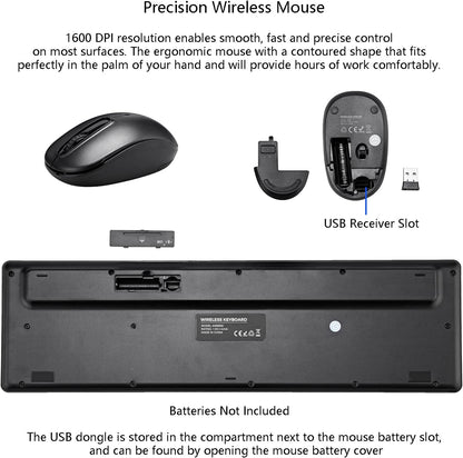 Wireless Keyboard and Mouse Combo, 2.4G Silent Cordless Keyboard Mouse Combo for Windows Chrome Laptop Computer PC Desktop, 106 Keys Full Size with Number Pad, 1600 DPI Optical Mouse (Black)