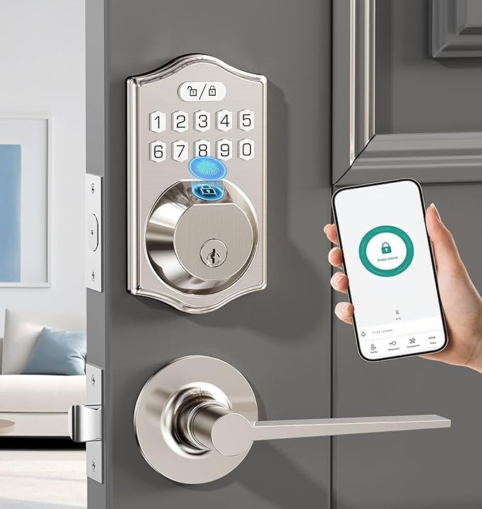 keyless Entry Door Lock deadbolt with Handle Set- Front Door Fingerprint Smart Locks with 2 Lever Handles-Keypad Code Deadbolt -App Control,Auto Lock,Easy to Install (Silver)