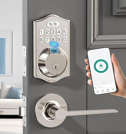 keyless Entry Door Lock deadbolt with Handle Set- Front Door Fingerprint Smart Locks with 2 Lever Handles-Keypad Code Deadbolt -App Control,Auto Lock,Easy to Install (Silver)