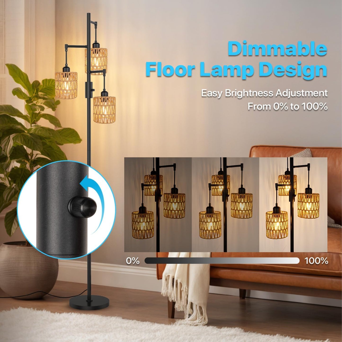 3-Light Boho Floor Lamp for Living Room, Rattan Wicker Standing Lamp Palm Tree Design, Farmhouse Coastal Floor Light with Woven Shade, Tall Bohemian Lamp