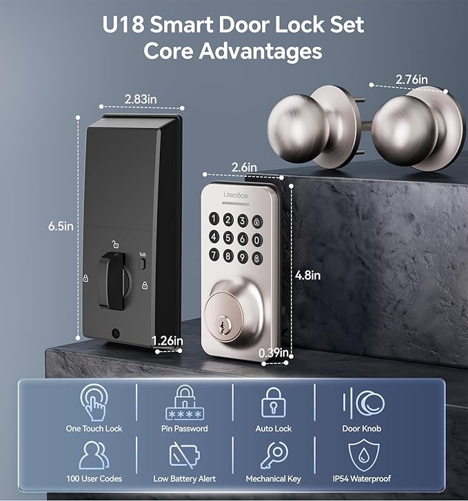 Keyless Entry Keypad Deadbolt with Handle Set, Smart Lock, Auto-Lock + One-Touch Lock, 100 Codes + Easy Install, Ideal for Airbnb/Homes/Offices, Fits U.S. Standard Front Doors, Satin Nickel