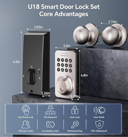 Keyless Entry Keypad Deadbolt with Handle Set, Smart Lock, Auto-Lock + One-Touch Lock, 100 Codes + Easy Install, Ideal for Airbnb/Homes/Offices, Fits U.S. Standard Front Doors, Satin Nickel