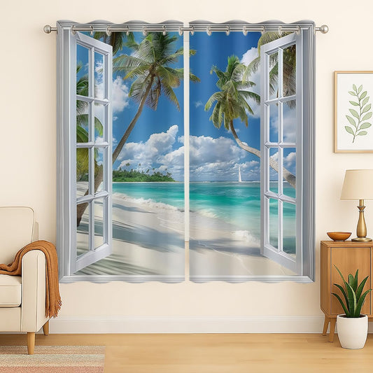 Beach Blackout Curtains for Girls Boys Teens Home Decor, Tropical Summer Scene Ocean Island Palm Tree Grommet Thermal Insulated Drapes Darkening Window Curtain for Bedroom Living Room, 84 x 84 Inch