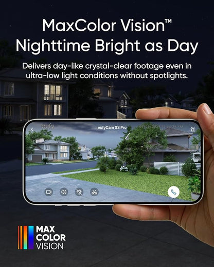 eufy Security eufyCam S3 Pro 4-Cam Kit, Solar Camera Outdoor Wireless, MaxColor Night Vision, 4K Security Camera with Solar Panel, Face Recognition AI, Expandable Local Storage, No Monthly Fee