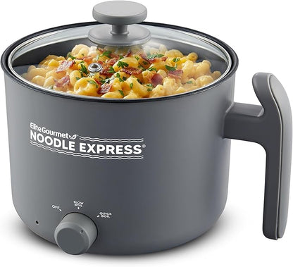 Elite Gourmet NOODLE EXPRESS Electric Hot Pot, Prepare Noodles, Soups, Stews, Cool-touch Handle, Ceralast™ PFAS-Free Ceramic Non-stick, Tempered Glass Lid, 2 Heat Settings-High/Low, Grey