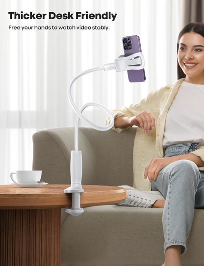 Lamicall Gooseneck Phone Holder for Bed - 360 Adjustable Clamp Clip, Overhead Cell Phone Mount Stand for Desk, Compatible with All Cellphone, White
