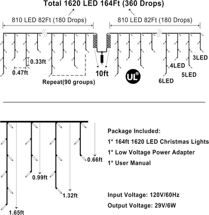 1620 LED Christmas Lights with 360 Drops,164ft 8 Modes Fairy Hanging String Lights with Time Waterproof, Plug-in Hanging String Lights for Holiday Wedding Party Christmas Decor (Cool White)