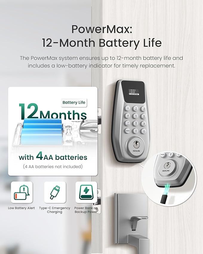 DESLOC C100 Keyless Entry Door Lock with Keypad, Smart Deadbolt Lock for Front Door with 2 Keys, Auto Lock, Easy Installation, 100 PIN Codes, IP54 Waterproof, BHMA Grade 3, Silver