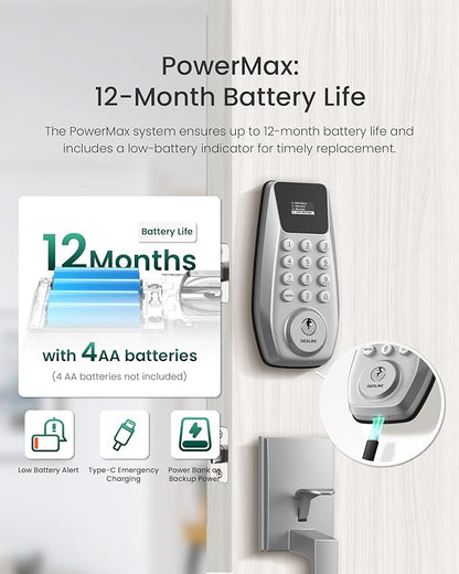 DESLOC C100 Keyless Entry Door Lock with Keypad, Smart Deadbolt Lock for Front Door with 2 Keys, Auto Lock, Easy Installation, 100 PIN Codes, IP54 Waterproof, BHMA Grade 3, Silver