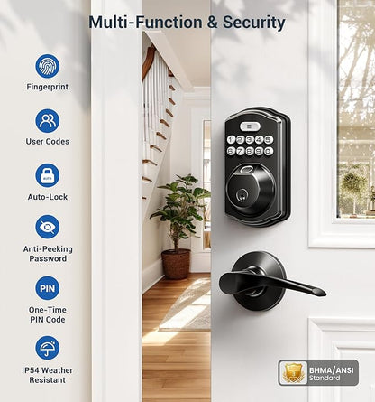 Veise Fingerprint Door Lock with 2 Lever Handles - Keyless Entry Door Lock, Electronic Keypad Deadbolt, Digital Smart Code & Front Handle Sets, Auto-Locking, Easy Installation, Matte Black