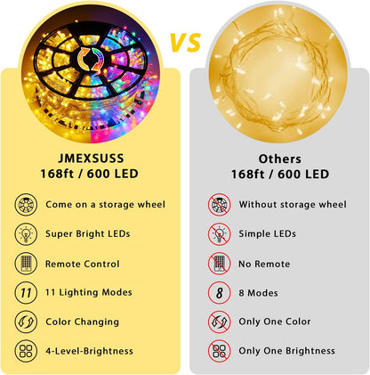 JMEXSUSS 600 LED Color Changing String Lights Plug in, 168FT Warm White & Multicolor Christmas Lights with Remote, Christmas String Lights Outdoor Waterproof Clear Wire for Tree Xmas Decor