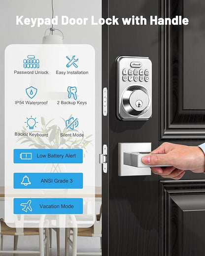 Zowill Keyless Entry Door Lock with 2 Lever Handles, Electronic Keypad Deadbolt, Auto-Locking, Anti-Peeping Password, Digital Code Door Lock, Front Door Handle Sets, Satin Nickel