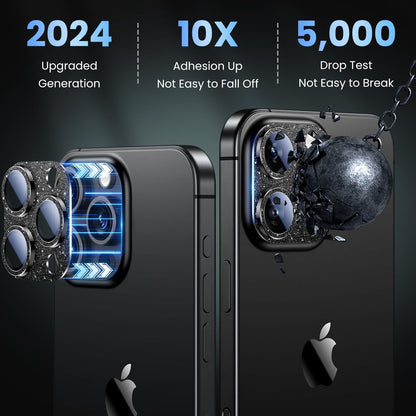 Uyiton Compatible with iPhone 16 Pro/iPhone 16 Pro Max Camera Lens Protector - [Not Easy to Break][Strong Adsorption][Case-Friendly] Metal Tempered Glass Rear Camera Screen Cover - Glitter Black